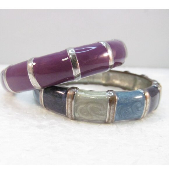 Enamel Bamboo Style Hinge Bracelets Set of 2 Purple and Green Blues - Picture 4 of 16